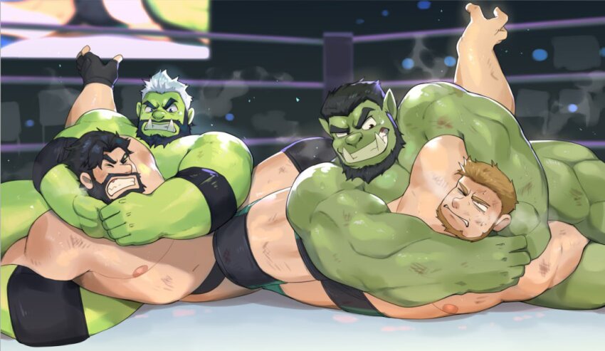 4boys arm_between_legs bara beard belly breath clenched_teeth colored_skin commission from_below full_beard green_skin grin interspecies joint_lock large_pectorals lying male_focus mature_male merdekyle monster_boy multiple_boys muscular muscular_male nipples on_floor on_side one_eye_closed orc original pectorals pointy_ears second-party_source short_hair size_difference smile submission_hold teeth thick_beard thick_eyebrows tusks v-shaped_eyebrows wrestler wrestling wrestling_outfit wrestling_ring yaoi