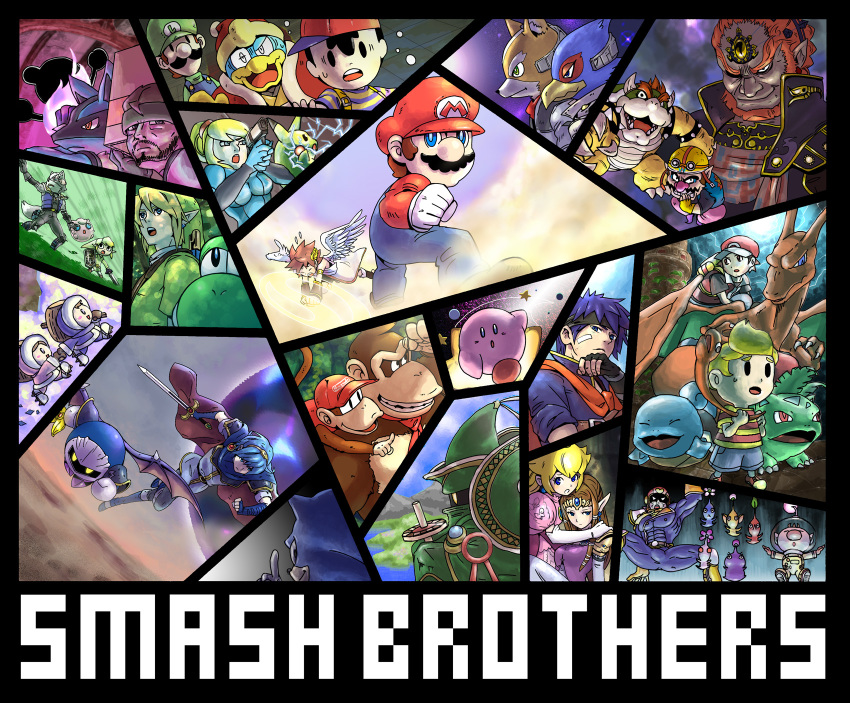 00s 4girls 6+boys angel_wings bad_id bad_pixiv_id bandaid bandaid_on_face bandana baseball_cap beard bird blonde_hair blue_bodysuit blue_eyes blue_hair bodysuit bowser bracer brown_hair captain_falcon captain_olimar charizard child closed_eyes dark_skin diamond_mouth diddy_kong donkey_kong donkey_kong_(series) donkey_kong_country dress elbow_gloves electricity everyone f-zero facial_hair falco_lombardi family_computer_robot fingerless_gloves fire_emblem fire_emblem:_mystery_of_the_emblem fire_emblem:_path_of_radiance flower flying food fox_mccloud fruit game_&amp;_watch ganondorf gen_1_pokemon gen_4_pokemon gloves grass hat helmet highres ice_climber ice_climbers ike_(fire_emblem) index_finger_raised ivysaur jigglypuff kid_icarus king_dedede kirby kirby_(series) koopa laurel_crown link looking_at_viewer looking_back looking_up lucario lucas_(mother_3) luigi mario mario_(series) marth_(fire_emblem) meta_knight metal_gear_(series) metal_gear_solid metroid monkey mother_(series) mother_2 mother_3 mr._game_&amp;_watch multiple_boys multiple_girls mustache nana_(ice_climber) ness_(mother_2) nintendo noah_(tettsui-sole) olimar overalls penguin pikachu pikmin_(creature) pikmin_(series) pit_(kid_icarus) pokemon pokemon_(creature) ponytail popo_(ice_climber) princess princess_peach princess_zelda red_hair rob samus_aran shirt smile solid_snake sonic_(series) sonic_the_hedgehog split_screen squirtle star_fox striped_clothes striped_shirt super_smash_bros. sweatdrop the_legend_of_zelda the_legend_of_zelda:_twilight_princess toga wario warioware warp_star white_gloves wings wolf_o&#039;donnell yoshi zero_suit