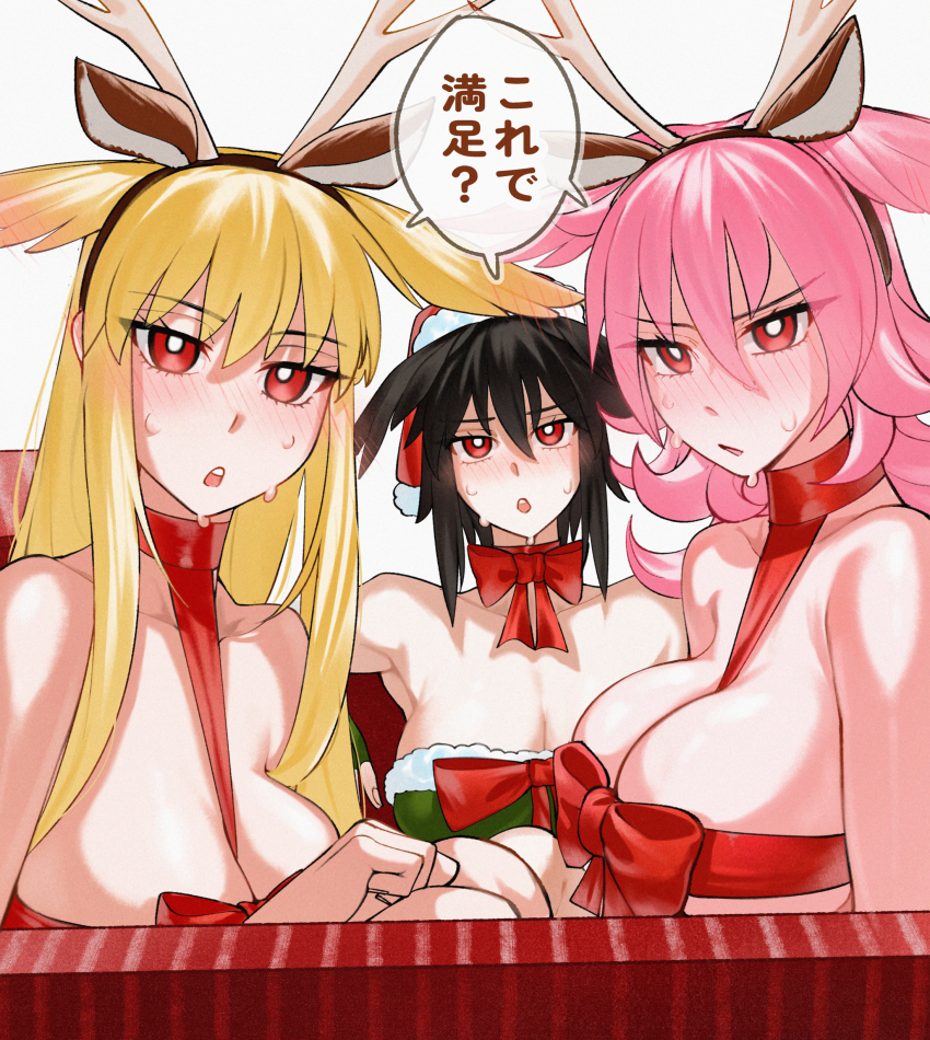 3girls absurdres animal_ears antlers armpit_crease bare_shoulders black_hair blonde_hair blush bow bow_choker box breasts bright_pupils choker collarbone deer_antlers deer_ears dress elbow_gloves fake_animal_ears fake_antlers fate/grand_order fate_(series) fingerless_gloves flipped_hair fur-trimmed_dress fur-trimmed_headwear fur_trim gift gift_box gloves green_dress green_gloves hair_between_eyes hair_wings hat highres hildr_(fate) horn_hairband horns in_box in_container kamisato_sora knees_up large_breasts long_hair looking_at_viewer medium_hair multiple_girls naked_ribbon open_box open_mouth ortlinde_(fate) pink_hair red_bow red_eyes red_ribbon ribbon santa_hat simple_background speech_bubble sweat teeth thrud_(fate) translation_request upper_teeth_only valkyrie_(fate) white_background white_pupils