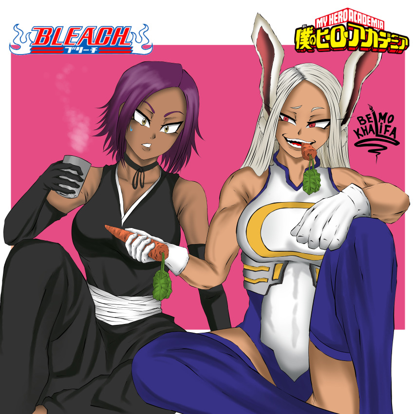 2girls absurdres alcohol artist_name bare_shoulders belmo_khalifa bleach boku_no_hero_academia breasts carrot choker collarbone copyright_name crossover dark-skinned_female dark_skin elbow_gloves female_focus gloves highres large_breasts medium_hair mirko multiple_girls offering_food purple_hair rabbit_ears red_eyes sake shihakusho shihouin_yoruichi sitting thighhighs thighs trait_connection white_gloves white_hair yellow_eyes