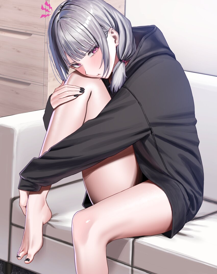 1girl :t absurdres barefoot black_hoodie black_nails black_streaks blunt_bangs blush commentary_request couch eden_(edenaldojj) feet grey_hair head_rest highres holding_own_leg hood hoodie knee_up looking_at_viewer low_twintails nail_polish on_couch original photoshop_(medium) pink_eyes pout single_hair_streak sitting solo thighs toenail_polish toenails toes twintails