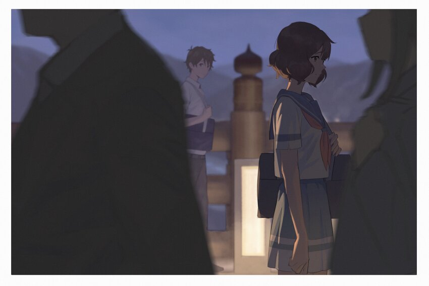 2boys 2girls bag blue_sailor_collar blue_skirt cowboy_shot hibike!_euphonium highres kitauji_high_school_uniform mountain multiple_boys multiple_girls neckerchief night oumae_kumiko pink_neckerchief pleated_skirt psylduck sailor_collar school_bag school_uniform serafuku skirt tsukamoto_shuuichi