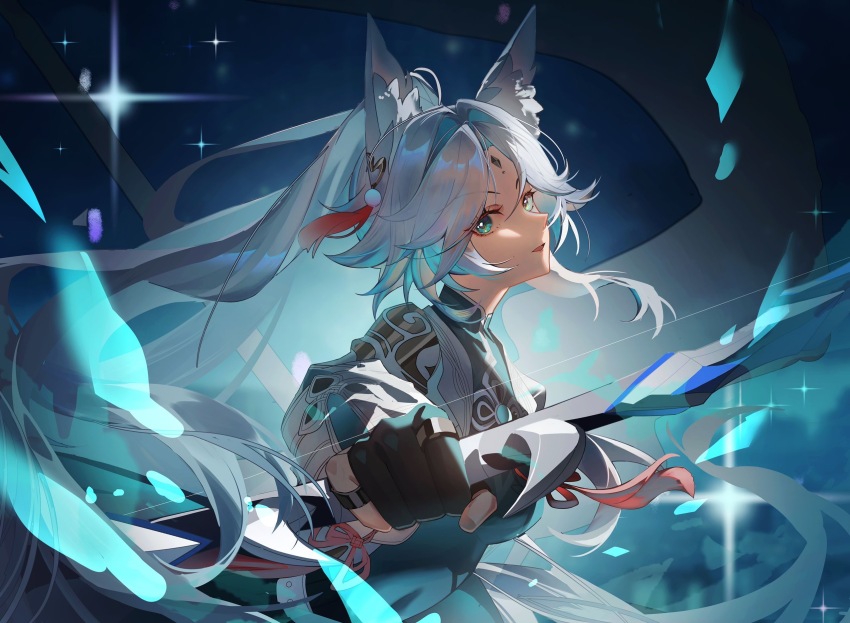 1girl animal_ears black_gloves bow_(weapon) catmelon_(user_melon010203) chinese_commentary commentary feixiao_(honkai:_star_rail) forehead_jewel fox_ears fox_girl from_side gloves high_ponytail highres holding holding_bow_(weapon) holding_weapon honkai:_star_rail honkai_(series) long_hair partially_fingerless_gloves ponytail solo weapon white_hair