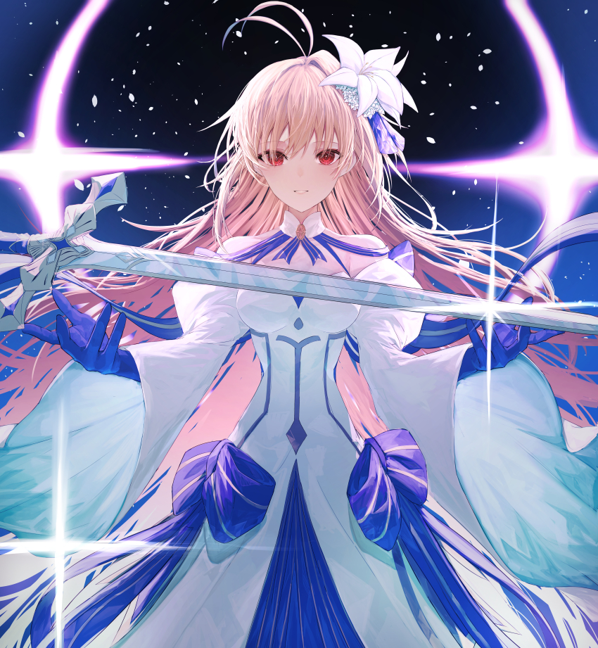 1girl absurdres antenna_hair archetype_earth archetype_earth_(third_ascension) arcueid_brunestud blonde_hair blue_gloves blue_ribbon breasts commission detached_collar detached_sleeves dress fate/grand_order fate_(series) floating floating_object floating_weapon flower gloves grin hair_flower hair_ornament hair_ribbon highres long_hair looking_at_viewer medium_breasts red_eyes ribbon single_hair_intake skeb_commission smile solo sword tsukihime tsukihime_(remake) very_long_hair weapon white_dress white_flower wide_sleeves yagi_(yagi5art)