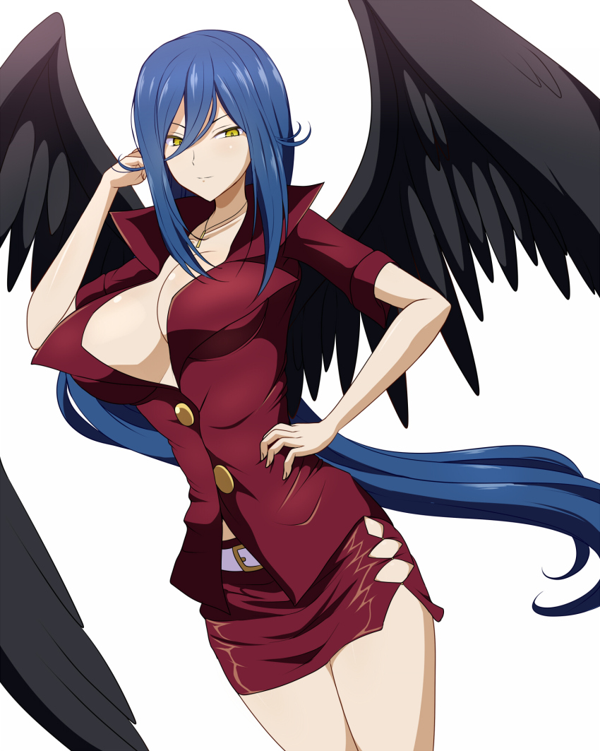 1girl blue_hair breasts clam_curry commentary_request hair_between_eyes high_school_dxd highres jewelry kalawarner large_breasts long_hair office_lady smile solo very_long_hair yellow_eyes