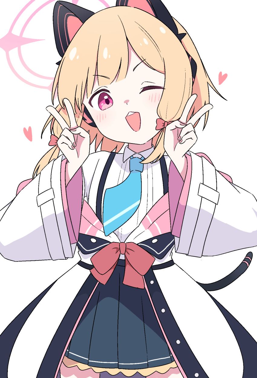 1girl ;d animal_ear_headphones animal_ears aqua_necktie black_coat black_skirt black_tail blonde_hair blue_archive blush bow buttons cat_ear_headphones cat_ears cat_tail coat collared_shirt commentary_request cowboy_shot double_v dress_shirt fake_animal_ears fake_tail frilled_skirt frills hair_bow halo hands_up hayoo_ww head_tilt headphones heart highres long_sleeves low-tied_sidelocks momoi_(blue_archive) multicolored_coat necktie off_shoulder one_eye_closed open_mouth parted_bangs pink_coat pink_eyes pink_halo pleated_skirt red_bow school_uniform shirt shirt_tucked_in short_hair sidelocks simple_background skirt smile solo suspender_skirt suspenders tail teeth unbuttoned upper_teeth_only v v-shaped_eyebrows white_background white_coat white_shirt wide_sleeves