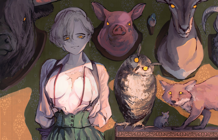 1girl arms_behind_back bird blonde_hair blouse breasts bull cleavage commentary_request earrings female_focus floating_earring fox glowing hair_bun head_tilt highres indoors jewelry maid mole mole_under_eye mouse_(animal) onizuka_furiru open_clothes open_shirt original owl pig scar shirt short_hair single_hair_bun smile solo taxidermy yellow_eyes