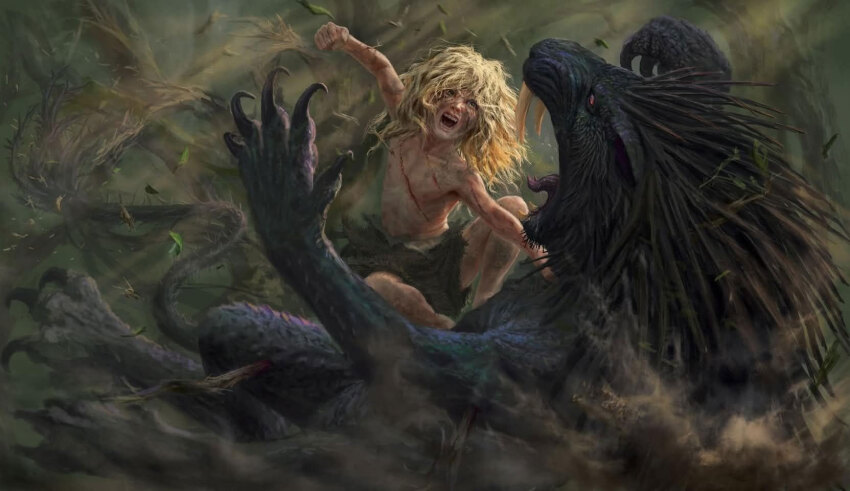 1boy alex_cristi bleeding blonde_hair blood branch calibanite_lion child claws clenched_hand dark_angels fighting forest forked_tongue green_eyes highres holding incoming_attack incoming_punch leaf lion lion_el&#039;jonson lion_tail long_hair mane mounting nature primarch punching raised_fist roaring scratches sharp_teeth spiked_hair tail teeth tongue warhammer_40k