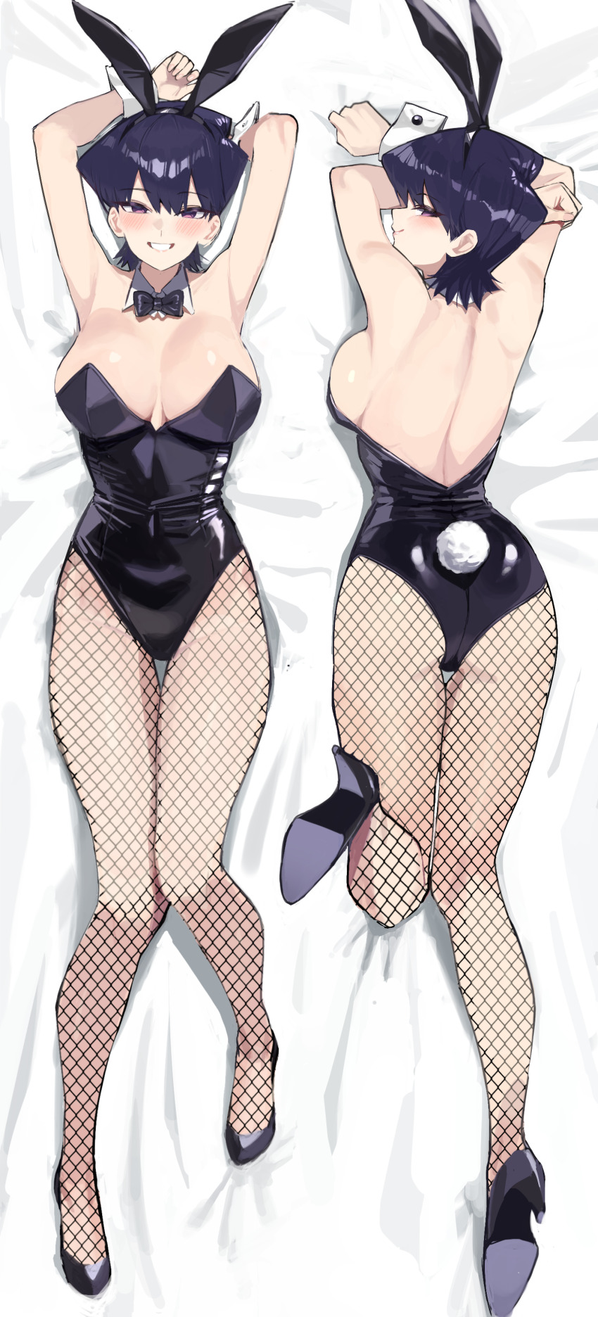 1girl absurdres animal_ears armpits arms_up ass ayatak0517 bare_shoulders bed_sheet black_bow black_bowtie black_hair black_leotard black_shoes blush bow bowtie breasts breasts_apart collar covered_navel dakimakura_(medium) detached_collar fake_animal_ears fake_tail fishnet_pantyhose fishnets from_above full_body grin high_heels highleg highleg_leotard highres komi-san_wa_komyushou_desu komi_shuuko large_breasts leotard looking_at_viewer looking_back lying mature_female multiple_views on_back on_stomach pantyhose playboy_bunny profile purple_eyes rabbit_ears rabbit_tail shoes short_hair shoulder_blades smile smug strapless strapless_leotard tail thigh_gap thighs traditional_bowtie white_collar white_wrist_cuffs wrist_cuffs