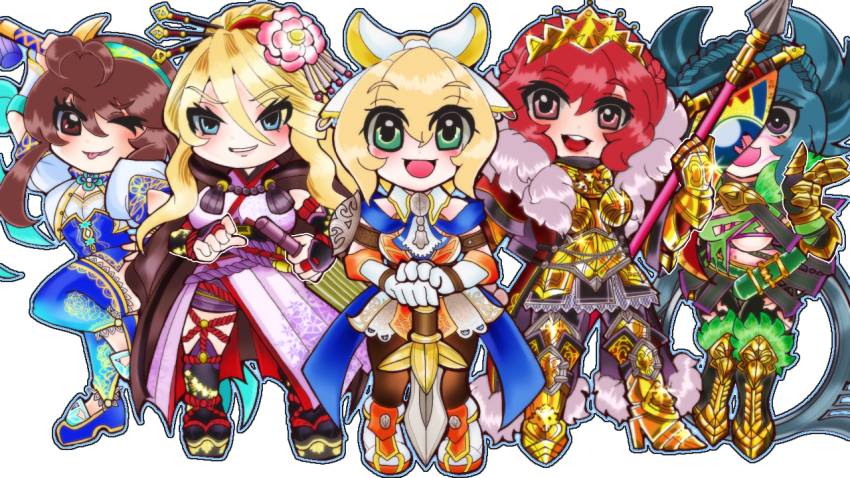 5girls armor asymmetrical_underboob blonde_hair blue_eyes breasts brown_hair cassandra_alexandra chai_xianghua chibi green_eyes hildegard_von_krone large_breasts multiple_girls namco open_mouth red_hair setsuka smile soul_calibur soulcalibur soulcalibur_vi tira_(soulcalibur)
