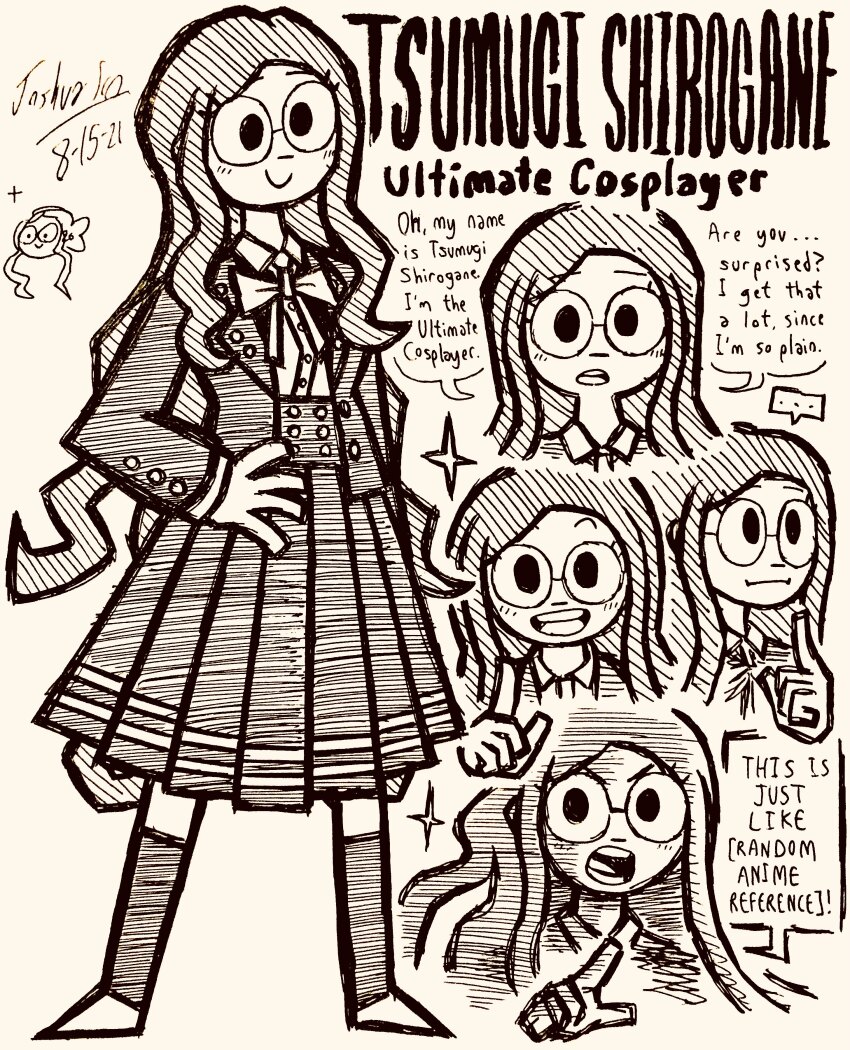 ... 1girl absurdres bow character_name closed_mouth collared_shirt danganronpa_(series) danganronpa_v3:_killing_harmony dated doodle_inset english_text eyelashes full_body glasses greyscale hand_on_own_hip hatching_(texture) highres index_finger_raised jacket josh-s26 long_hair long_sleeves monochrome multiple_views open_clothes open_jacket open_mouth round_eyewear shirogane_tsumugi shirt signature simple_background skirt smile speech_bubble standing teeth upper_teeth_only white_background