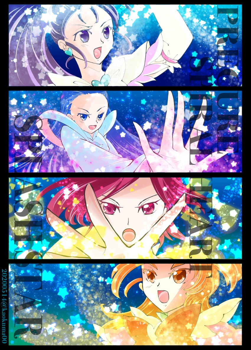 4girls aqua_brooch arm_up attack black_border blue_background blue_dress blue_eyes blue_hair border bow bowtie brooch brown_eyes brown_hair copyright_name cure_bloom cure_egret determined dress earrings eyelashes feather-trimmed_sleeves frilled_arm_warmers froth furrowed_brow futari_wa_precure_splash_star heart heart_brooch heart_earrings high_ponytail highres hyuuga_saki jewelry kaokuma kiryuu_kaoru kiryuu_michiru light_particles long_dress long_hair looking_ahead magical_girl mishou_mai multiple_girls open_mouth orange_bow orange_bowtie outstretched_arm pink_dress pink_eyes pink_hair ponytail precure purple_eyes purple_hair short_hair short_ponytail short_sleeves siblings sisters star_(symbol) star_symbol_background straight_hair thick_eyebrows upper_body very_long_hair white_arm_warmers white_bow white_bowtie white_dress yellow_brooch yellow_dress