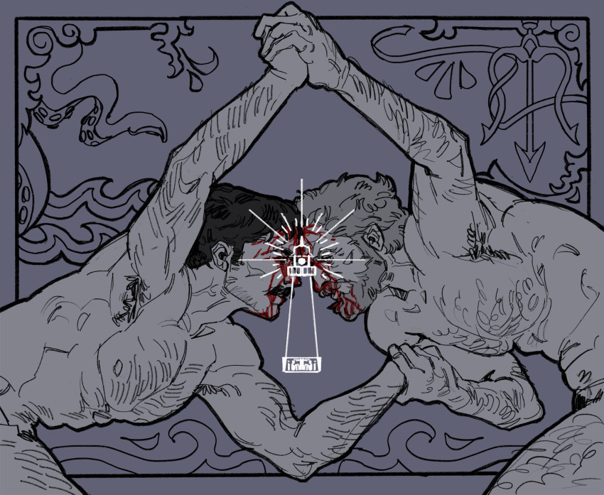 2boys arm_hair armpit_hair bara beard blood blood_on_face body_hair eye_contact facial_hair highres lighthouse looking_at_another multiple_boys mustache nipples nude teva_(stiinken) the_lighthouse thomas_howard thomas_wake wrestling