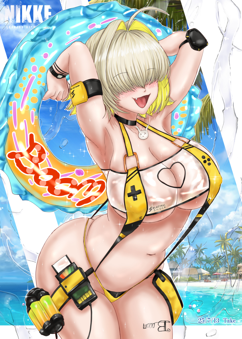 1girl ahoge bikini blonde_hair blue_innertube blush breasts cleavage clothing_cutout commentary elegg_(boom_and_shock)_(nikke) elegg_(nikke) fang goddess_of_victory:_nikke hair_intakes hair_over_eyes heart_cutout highres holding holding_swim_ring innertube large_breasts long_bangs multicolored_hair navel open_mouth rabbit_ornament see-through_slingshot_swimsuit shiny_skin short_hair slingshot_swimsuit smile solo standing swim_ring swimsuit take_(take-out!) two-tone_hair yellow_slingshot_swimsuit