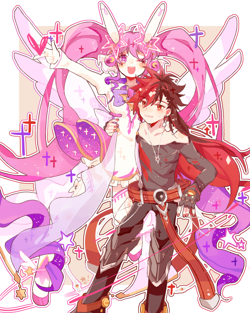 1boy 1girl absurdres aisha_landar black_hair black_pants black_shirt detached_sleeves dress elsword elsword_(character) fingerless_gloves gloves highres immortal_(elsword) long_hair long_sleeves looking_at_viewer lyukinree metamorphy_(elsword) multicolored_hair one_eye_closed pants pink_eyes pink_hair red_hair shirt split-color_hair twintails two-tone_hair very_long_hair white_dress white_sleeves