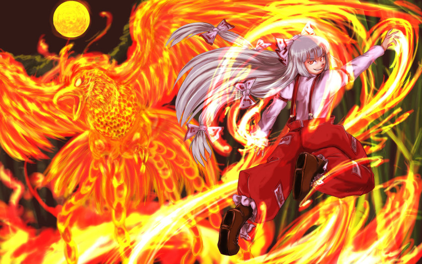 1girl amatou3 bamboo bird boots bow female_focus fiery_background fire fujiwara_no_mokou full_moon hair_bow hair_ribbon highres long_hair moon ofuda pants phoenix red_eyes ribbon silver_hair smirk solo suspenders touhou very_long_hair