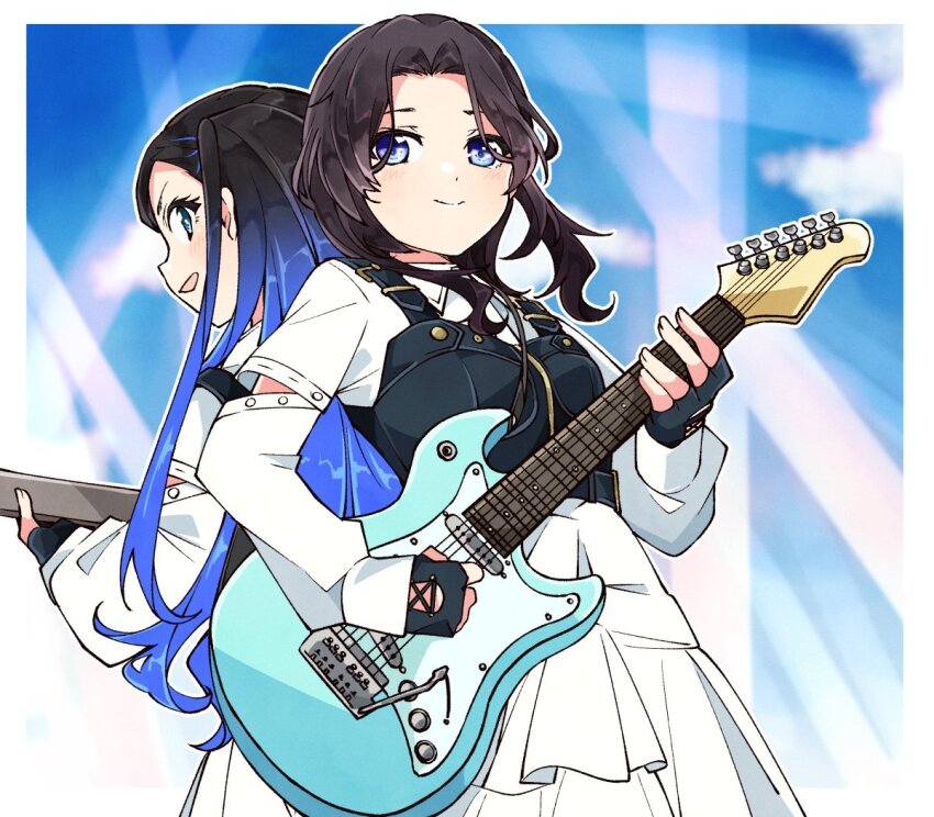 22/7 2girls back-to-back belt black_belt black_gloves black_hair blue_background blue_eyes blue_hair bodice border closed_mouth collared_dress concert cowboy_shot curtained_hair dress dutch_angle electric_guitar fingerless_gloves gloves gradient_hair guitar holding holding_guitar holding_instrument instrument long_dress long_hair long_sleeves multicolored_hair multiple_girls nishiura_sora open_mouth orihara_sumika outside_border playing_guitar playing_instrument rock_wa_shinanai smile stage_lights standing trefle_r two_side_up white_border white_dress