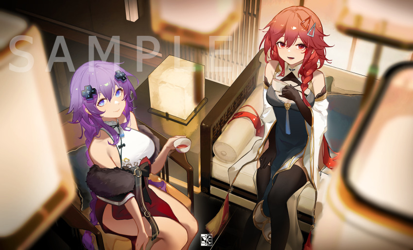 2girls alternate_costume black_dress black_gloves black_thighhighs blue_eyes braid breasts chair china_dress chinese_clothes chinese_commentary commentary commentary_request commission cup dress elbow_gloves english_commentary feather_boa feet_out_of_frame from_above gloves hair_between_eyes highres holding holding_cup lantern large_breasts long_hair looking_at_viewer looking_up medium_breasts mixed-language_commentary multiple_girls neptune_(neptunia) neptune_(series) red_dress red_eyes red_hair rein_yukimatsu sample_watermark sideboob single_braid sitting sleeveless sleeveless_dress tea tennouboshi_uzume thighhighs very_long_hair watermark white_dress