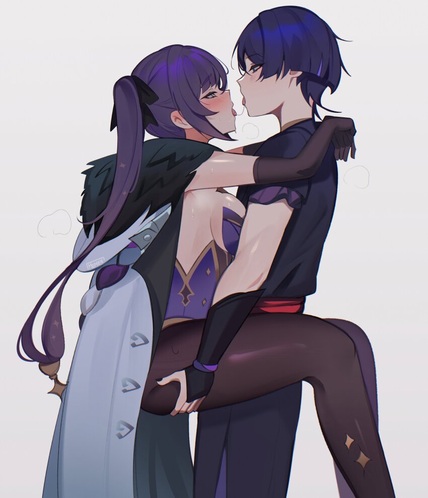 1boy 1girl absurdres armor black_gloves black_nails black_pantyhose blush breast_press breasts breath carrying coat coat_on_shoulders commentary elbow_gloves english_commentary french_kiss from_side fur-trimmed_coat fur_trim genshin_impact gloves grey_background hair_between_eyes hair_ornament half-closed_eyes hetero highres hood hood_down japanese_armor japanese_clothes kiss kote kurokote leotard long_hair looking_at_another medium_breasts memeh mona_(genshin_impact) pantyhose profile purple_hair saliva saliva_trail scaramouche_(genshin_impact) signature simple_background tongue tongue_out twintails very_long_hair