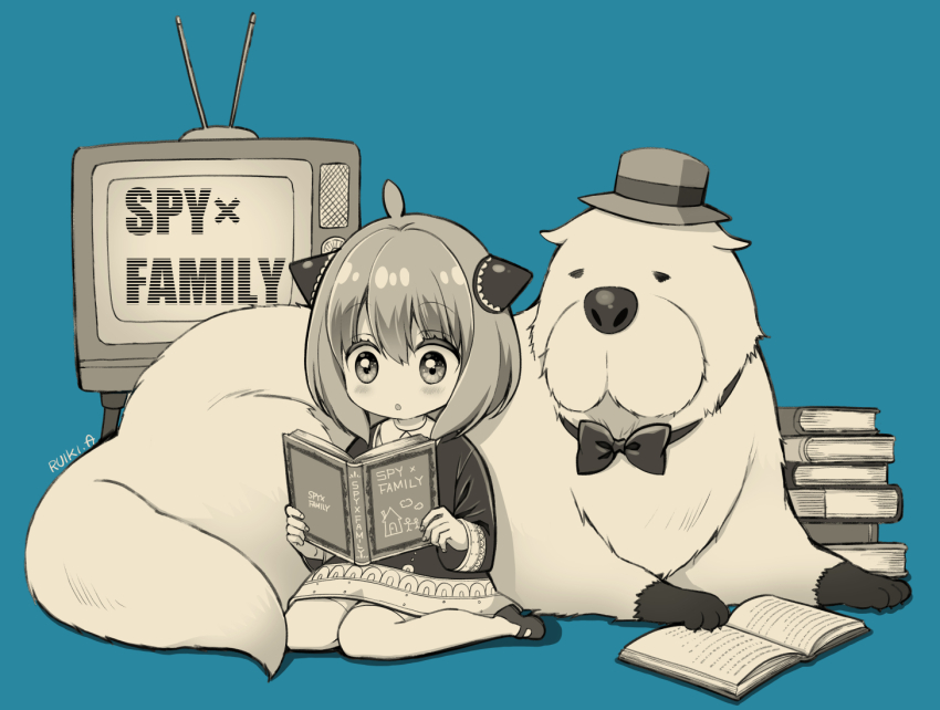 1girl :o ahoge anya_(spy_x_family) artist_name black_bow black_bowtie black_dress blue_background blush bond_(spy_x_family) book book_stack bow bowtie child collared_shirt commentary_request cone_hair_bun copyright_name dog double_bun dress eden_academy_school_uniform eyelashes fedora great_pyrenees greyscale greyscale_with_colored_background hair_between_eyes hair_bun hairpods hat long_sleeves mary_janes medium_hair monochrome open_book open_mouth rabbit_ears_antenna radio_antenna reading school_uniform shirt shoes sidelocks simple_background sitting spy_x_family television tinkle2013 white_shirt