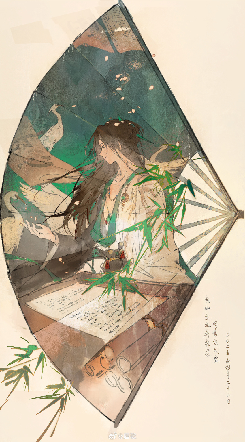 1girl absurdres bamboo bird black_eyes brown_background brown_hair chinese_clothes chinese_commentary closed_mouth collarbone commentary_request crane_(animal) cropped_torso folding_fan hair_bun hand_fan hanfu highres long_hair long_sleeves mei_ren original outstretched_hand paper petals simple_background single_hair_bun smile solo table watermark weibo_watermark white_hanfu