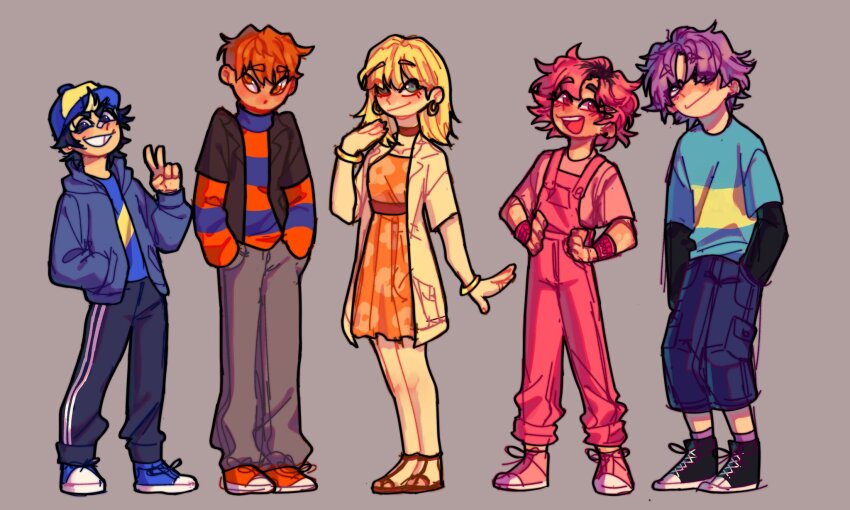 2girls 3boys austin_(backyardigans) blonde_hair blue_hair child commentary_request dress hat highres humanization long_sleeves looking_at_viewer multiple_boys multiple_girls orange_dress orange_hair overalls pablo_(backyardigans) pants personification pink_hair pink_overalls purple_hair short_hair short_sleeves spanish_commentary tasha_(backyardigans) tecitodmaracuya the_backyardigans tyrone_(backyardigans) uniqua_(backyardigans)