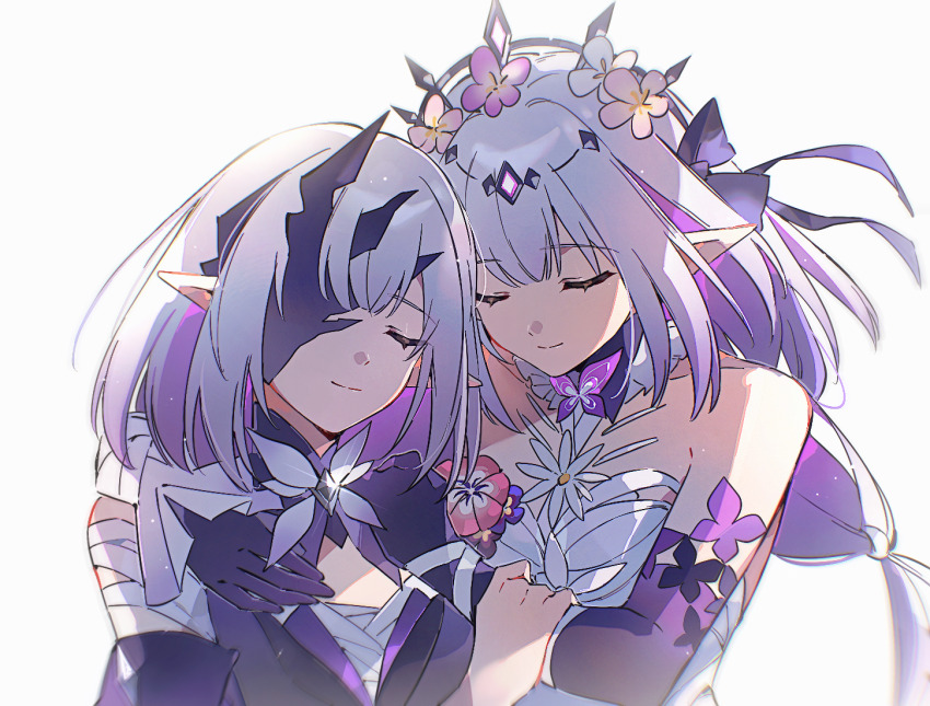 2girls black_tiara castorice_(honkai:_star_rail) chinese_commentary closed_eyes commentary_request dress flower flower_ornament gloves hair_flower hair_ornament hand_on_another&#039;s_shoulder honkai:_star_rail honkai_(series) long_hair multiple_girls osamu18568716 pointy_ears polyxia_(honkai:_star_rail) purple_gloves purple_hair siblings simple_background sisters smile tiara twins upper_body white_background white_dress