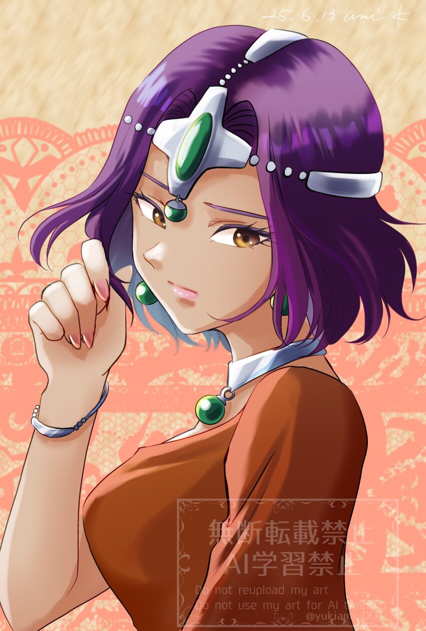 1girl alternate_hair_length alternate_hairstyle asymmetrical_dress bracelet breasts brown_eyes circlet colored_eyelashes dark-skinned_female dark_skin dragon_quest dragon_quest_iv dress earrings eyelashes fingernails forehead_jewel from_side gem green_gemstone hand_in_own_hair hand_up highres jewelry long_fingernails long_sleeves looking_at_viewer minea_(dq4) nail_polish neck_ring orange_dress pink_lips pink_nails short_hair silver_circlet single_bare_shoulder single_sleeve solo sphere_earrings twirling_hair upper_body watermark yukey_ami