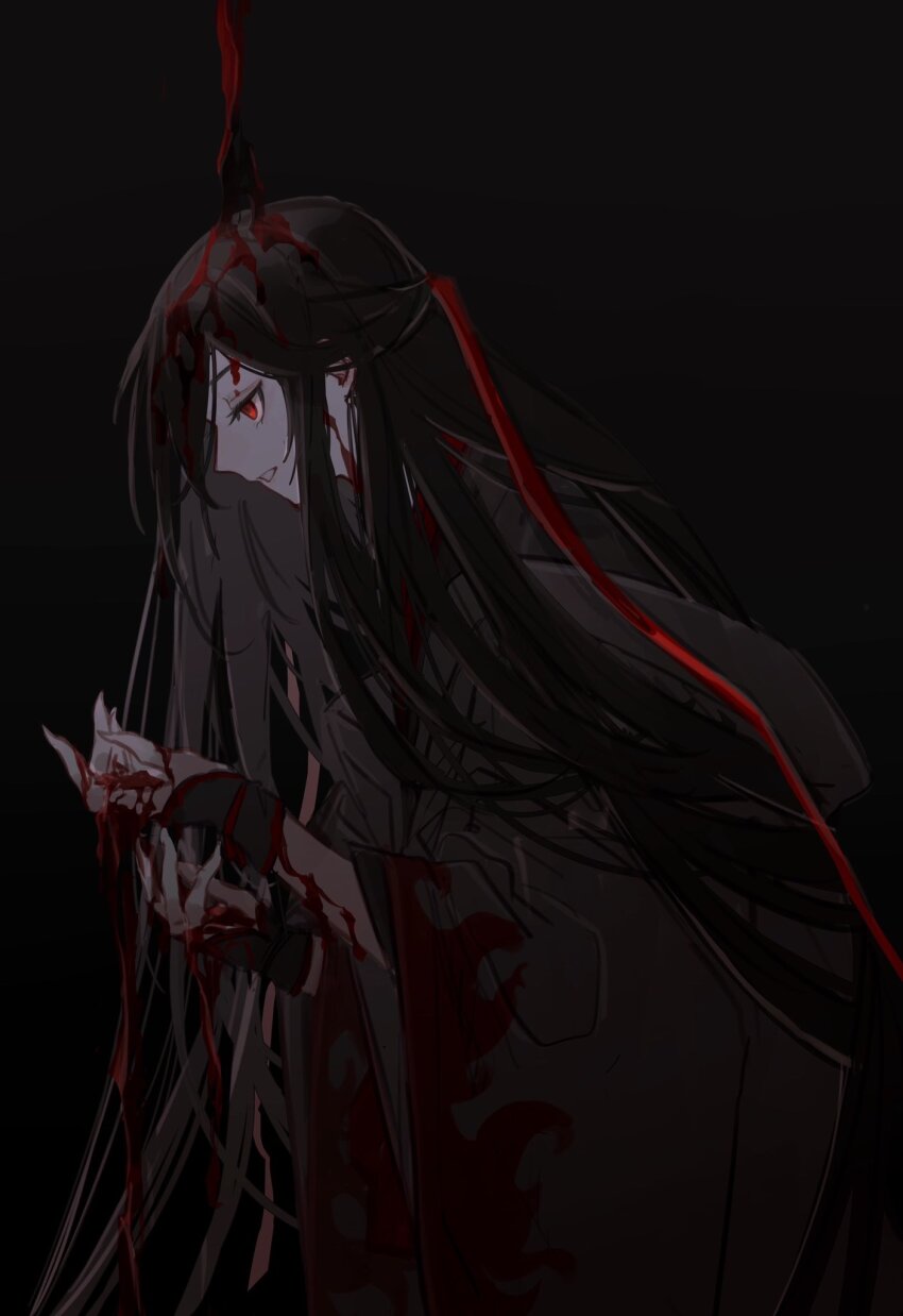 1boy black_background black_hair black_hanfu blood blood_on_clothes blood_on_face blood_on_hands chinese_clothes coat from_side grey_coat hair_down hair_ribbon half_updo hanfu highres holding leaning_forward long_hair long_sleeves looking_at_viewer male_focus modao_zushi official_alternate_costume official_alternate_hairstyle profile red_eyes red_ribbon ribbon robe simple_background smile solo very_long_hair wei_wuxian wei_wuxian_(yiling_laozu) whale_52hz_o wide_sleeves