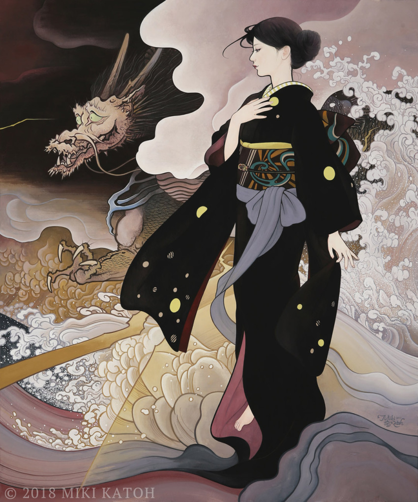 1girl 2018 black_hair black_kimono closed_mouth dragon green_eyes hair_bun highres japanese_clothes kimono miki_katoh_(hinamokuren) open_mouth original signature single_hair_bun standing thunder water watermark waves