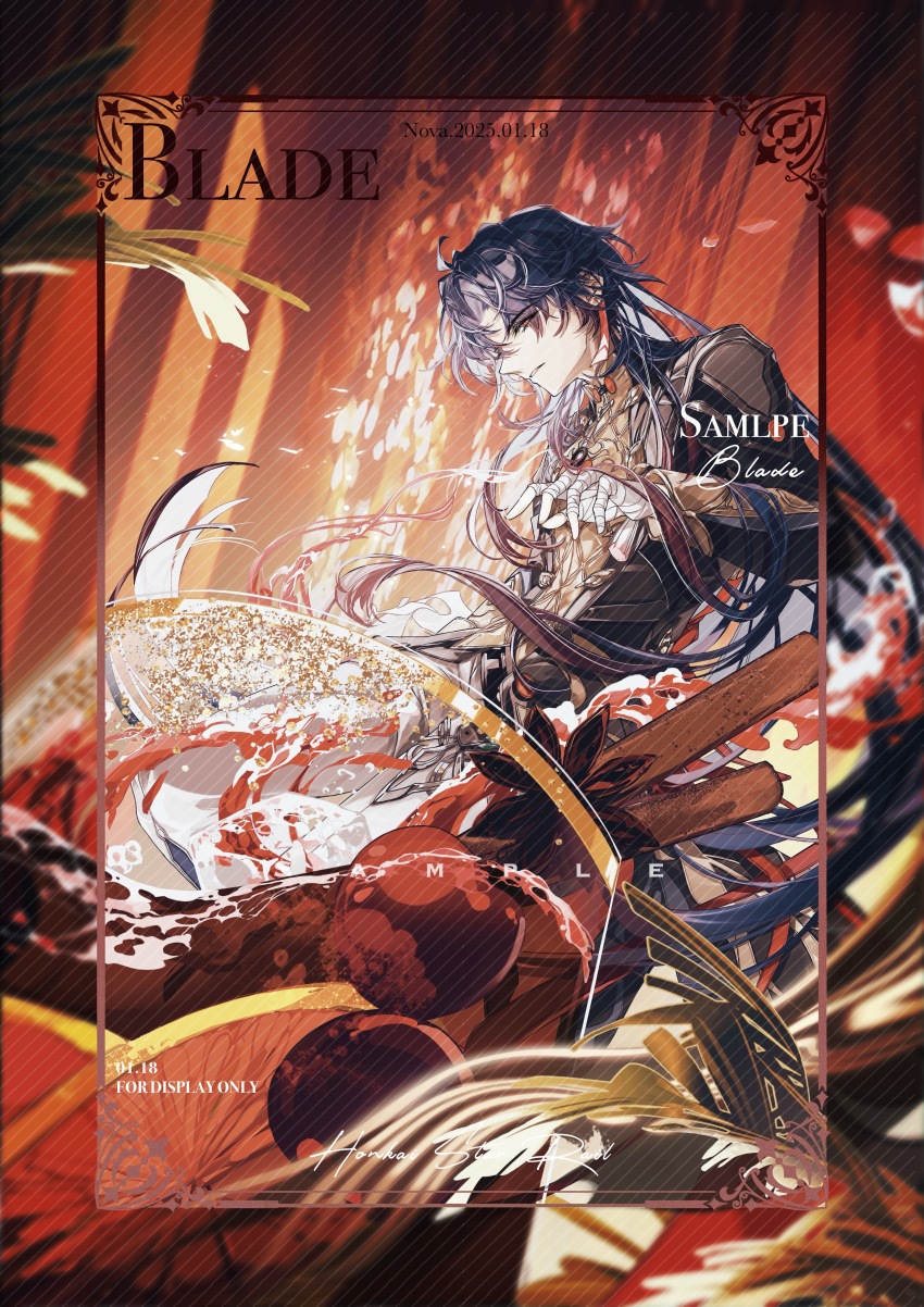 1boy absurdres alcohol bandaged_hand bandages black_hair black_jacket blade_(honkai:_star_rail) border character_name cherry chinese_clothes chinese_commentary cinnamon_stick cup curtained_hair drinking_glass earrings eyes_visible_through_hair feet_out_of_frame food from_side fruit hair_over_one_eye hand_up highres honkai:_star_rail honkai_(series) in_container in_cup jacket jewelry long_hair long_sleeves looking_at_viewer male_focus mulled_wine nnnnnova one_eye_closed orange_(fruit) orange_slice pants parted_lips plant procreate_(medium) profile red_background red_eyes red_wine sample_watermark sideways_glance soaking_feet solo splashing star_anise_(spice) thighlet transparent_border watermark white_pants wine