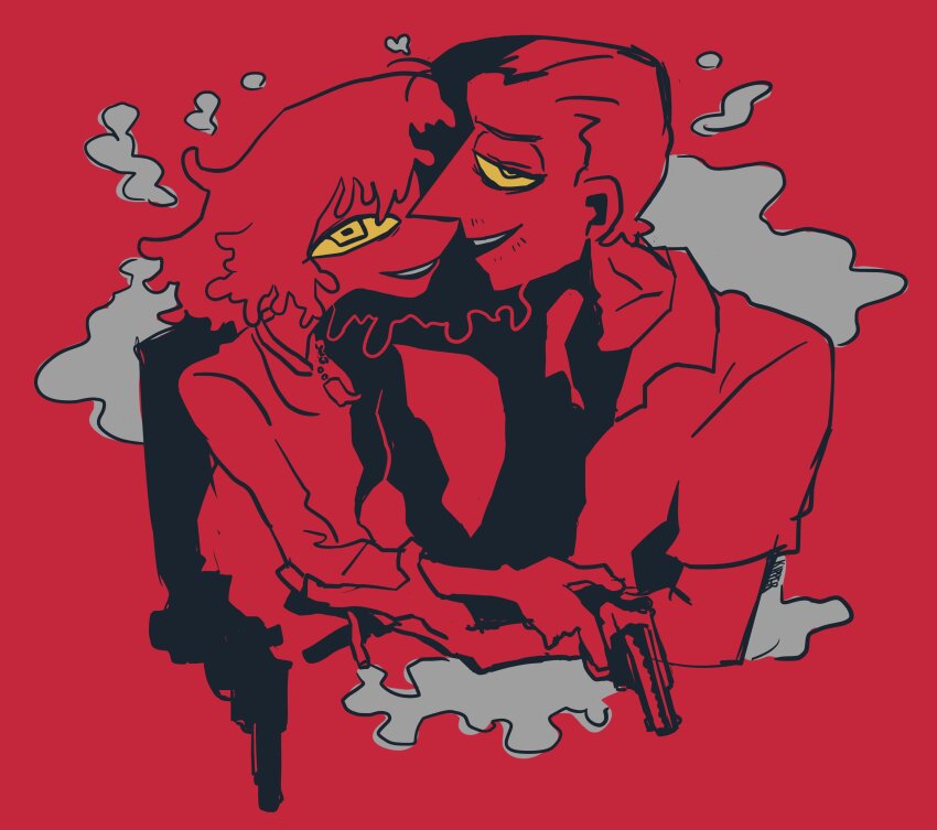 1boy 1girl absurdres arm_around_shoulder bags_under_eyes beard_stubble between_fingers cigarette collared_shirt colored_sclera commentary english_commentary face-to-face facial_hair furrowed_brow gun hair_slicked_back half-closed_eyes handgun high_contrast highres holding holding_cigarette holding_gun holding_weapon honey_bunny_(pulp_fiction) jewelry kipper_goodbreakfast long_sleeves looking_at_viewer medium_hair messy_hair monochrome mustache_stubble open_mouth pendant profile pulp_fiction pumpkin_(pulp_fiction) red_theme revolver shirt short_hair short_sleeves simple_background smile smoke spot_color stubble weapon yellow_eyes yellow_sclera
