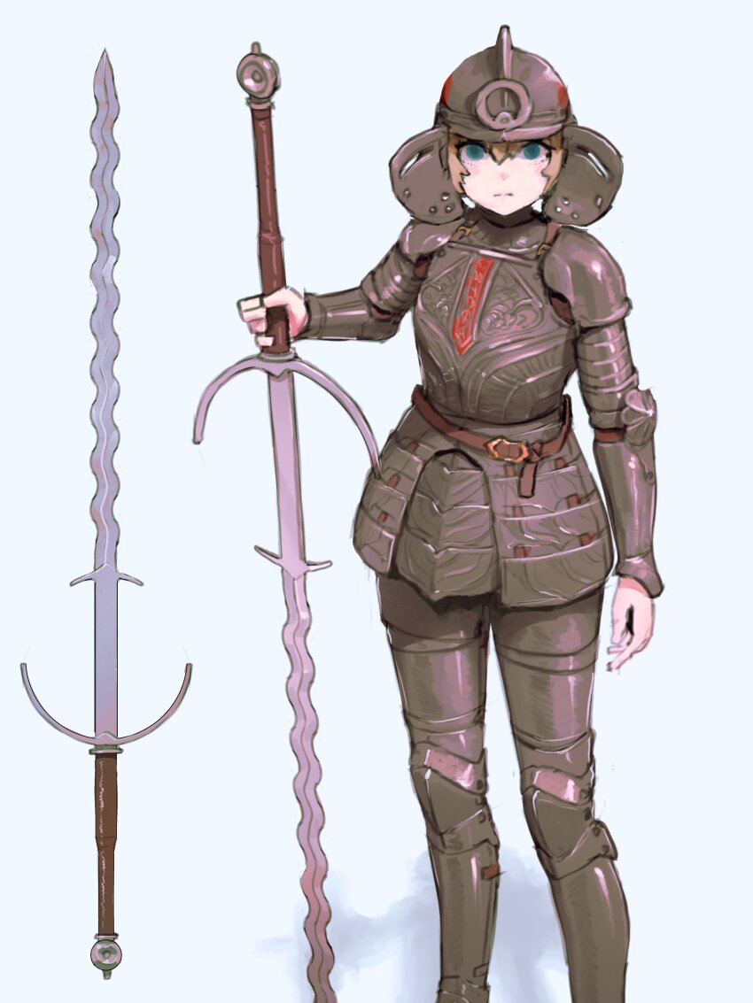 1girl absurdres armor belt blue_eyes breastplate brown_belt closed_mouth couter crotch_plate cuisses double_bun expressionless faulds feet_out_of_frame greaves hair_bun helmet highres holding holding_sword holding_weapon looking_at_viewer notfuji original pauldrons plate_armor poleyn rerebrace shadow shoulder_armor solo sword tassets vambraces visor_(armor) weapon weapon_focus white_background zweihander