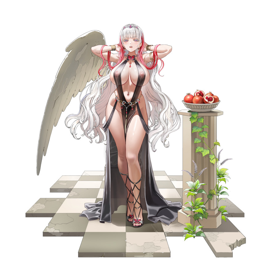 1girl absurdres angel_statue angel_wings armpits arms_behind_head belt black_dress bracelet breasts breasts_apart bright_pupils butterfly_necklace center_opening checkered_floor circlet colored_eyelashes column covered_erect_nipples cross-laced_sandals dress earrings eternity_(last_origin) food fruit fruit_bowl full_body gem gold_armlet gold_bracelet gradient_eyes halter_dress halterneck highres huge_breasts ivy jewelry last_origin linea_alba lips long_dress long_hair looking_at_viewer multicolored_eyes multicolored_hair nail_polish navel navel_piercing necklace non-web_source o-ring o-ring_footwear official_alternate_costume official_art parted_lips pelvic_curtain piercing pillar pomegranate purple_eyes purple_gemstone red_gemstone red_hair red_nails revealing_clothes see-through_clothes see-through_dress simple_background single_wing solo standing stone_floor streaked_hair tachi-e taesi teeth toenail_polish toenails transparent_background two-tone_hair upper_teeth_only white_eyelashes white_hair white_pupils wings