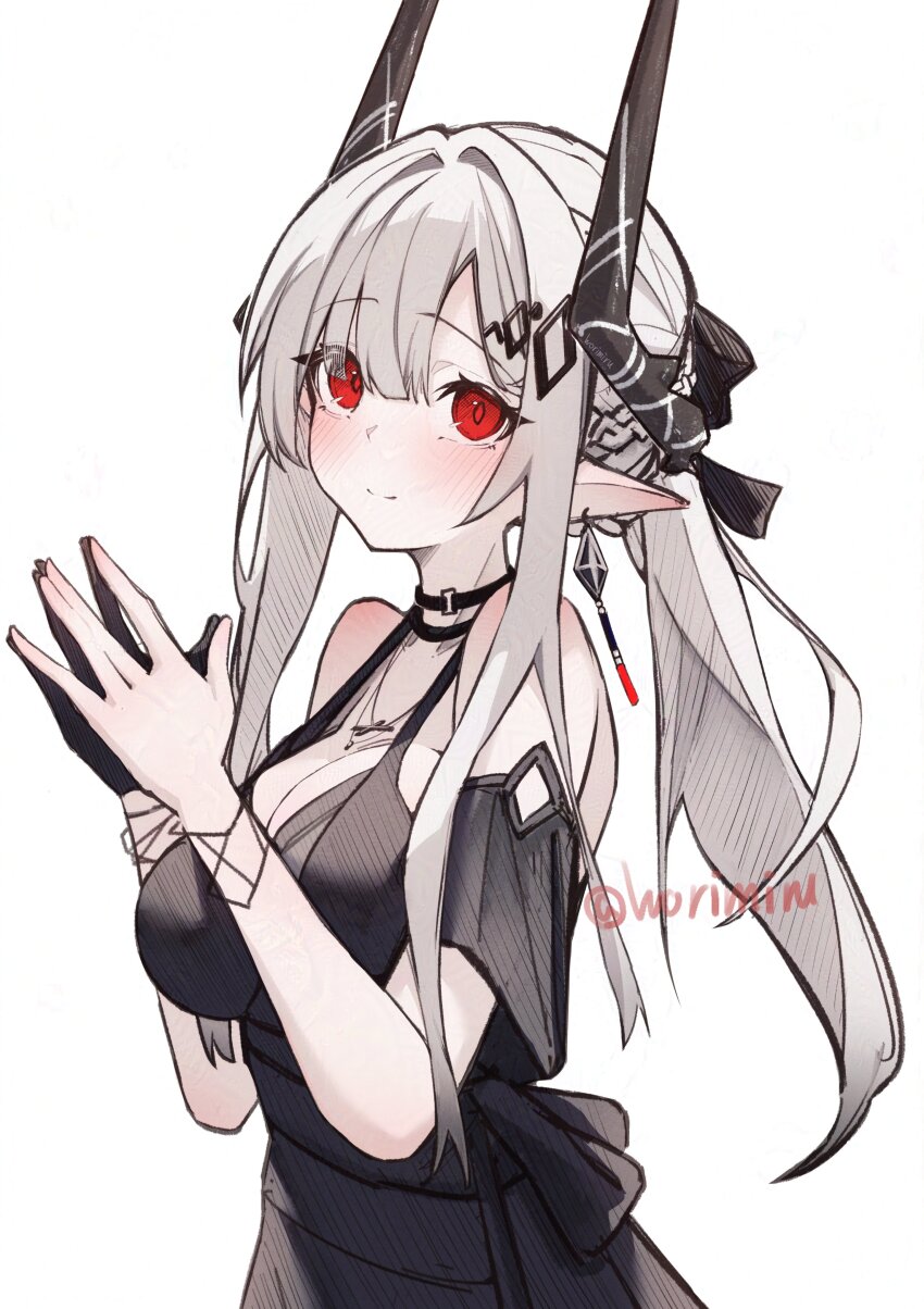 1girl absurdres adversarial_noise ambience_synesthesia arknights bare_shoulders black_dress black_gloves black_horns blush breasts commentary dress earrings gloves hair_between_eyes hatching_(texture) highres horns jewelry linear_hatching long_hair looking_at_viewer mudrock_(arknights) mudrock_(obsidian)_(arknights) official_alternate_costume own_hands_together pointy_ears red_eyes sidelocks simple_background single_glove smile solo steepled_fingers twitter_username watermark white_background white_hair worimehl