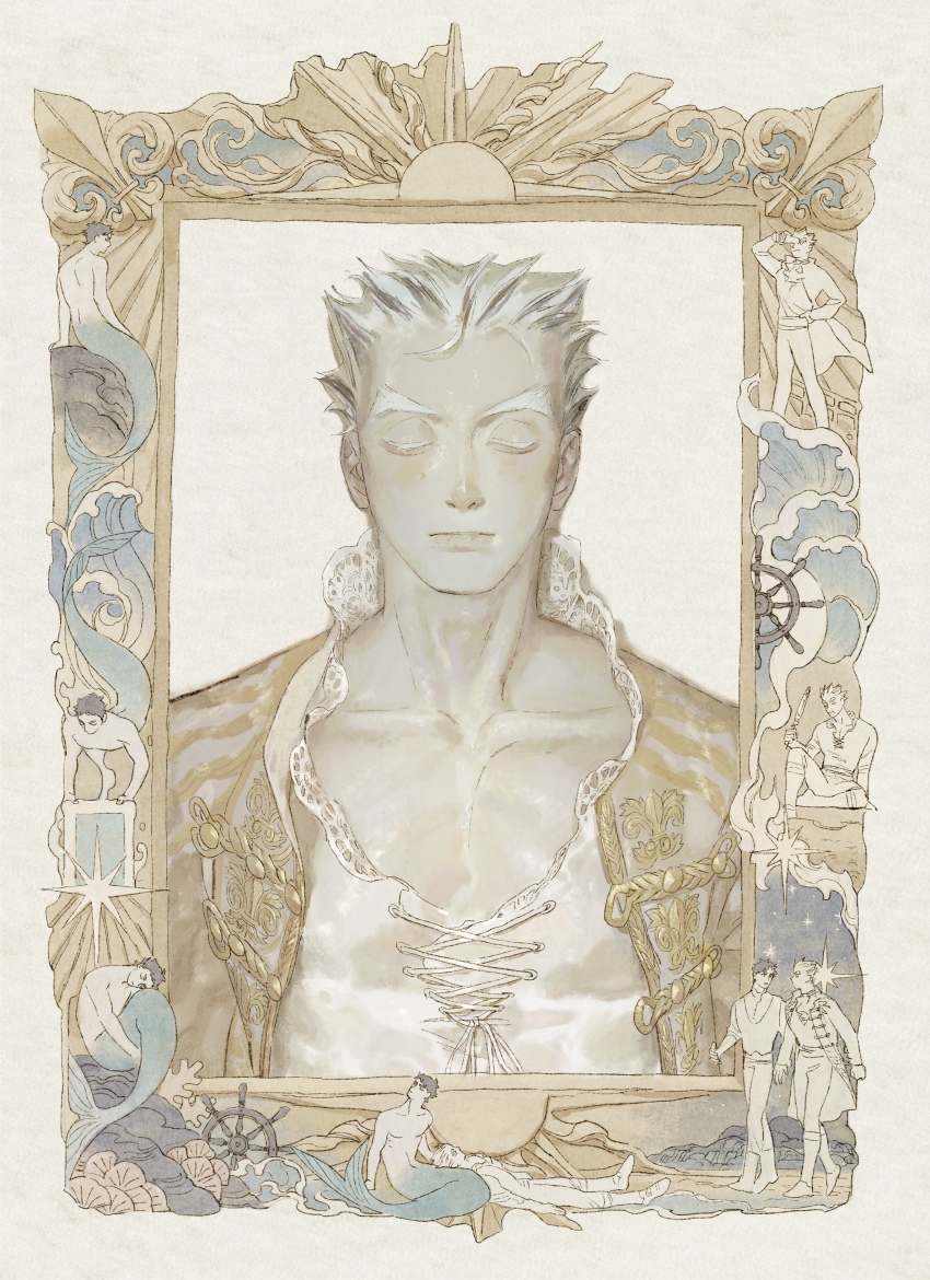 2boys absurdres akaashi_keiji beach black_hair bokuto_koutarou chengongzi123 closed_mouth coat cross-laced_clothes diving facing_viewer feathers haikyuu!! hand_on_own_hip highres holding holding_feather lace_trim lap_pillow male_focus merman monster_boy multicolored_hair multiple_boys multiple_views nude ocean pants picture_frame portrait_(object) pout self_hug shading_eyes short_hair side-by-side sitting solo_focus spiked_hair spinning_wheel standing streaked_hair sun_symbol the_little_mermaid_(disney) two-tone_hair unbuttoned walking waves white_hair