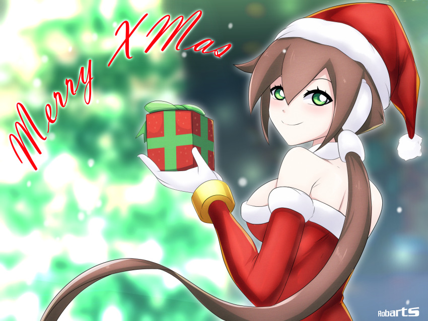 absurdres aile_(mega_man_zx) axasempai bare_shoulders blurry blurry_background blush box breasts brown_hair christmas christmas_tree detached_sleeves dress gift gift_box green_eyes hat highres holding holding_gift large_breasts long_hair mega_man_(series) mega_man_zx mega_man_zx_advent merry_christmas ponytail red_dress red_hat red_sleeves santa_costume santa_dress santa_hat strapless strapless_dress upper_body
