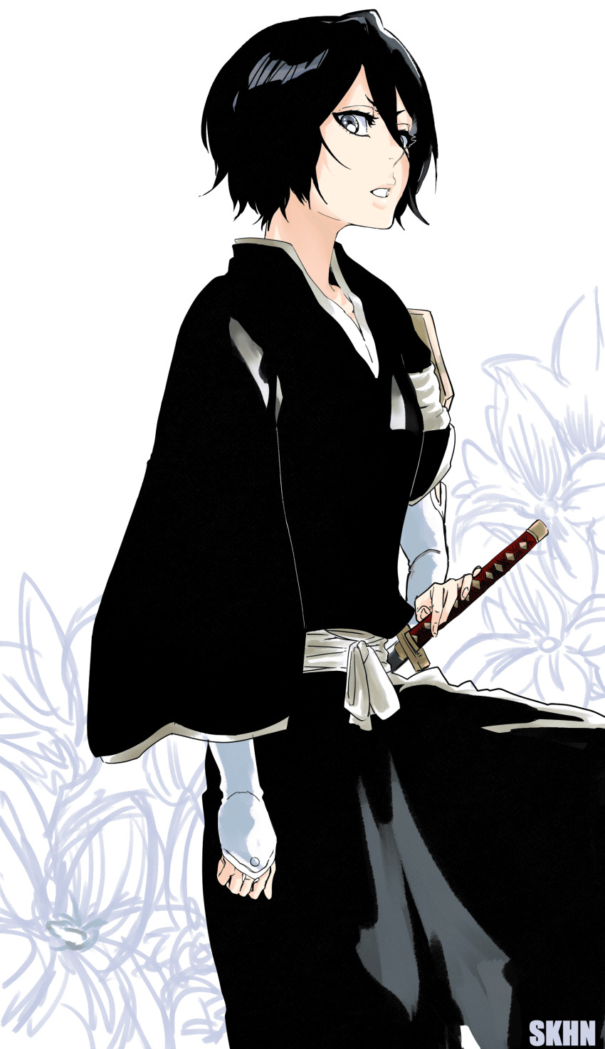 1girl absurdres arm_at_side artist_name badge black_hair black_hakama black_kimono bleach commentary_request double-parted_bangs flower fukutaichou_badge gauntlets hair_between_eyes hakama hand_on_hilt highres holding holding_sword holding_weapon japanese_clothes kimono knee_up kuchiki_rukia long_sleeves looking_at_viewer open_mouth purple_eyes sash sekihan_(6kihan) shihakusho shinigami short_hair sidelocks simple_background solo sword three_quarter_view weapon white_background white_sash wide_sleeves zanpakutou