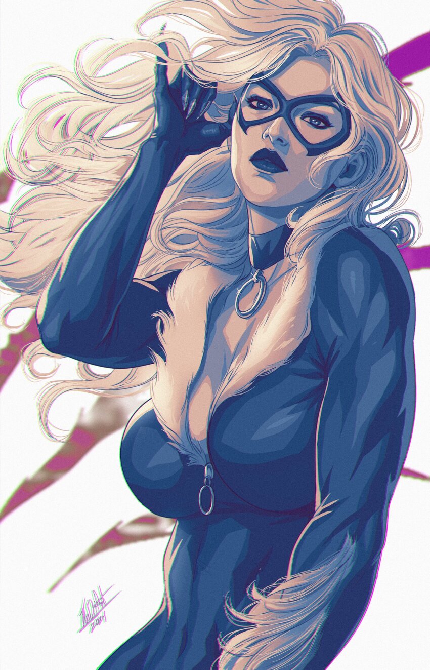 1girl black_bodysuit black_cat_(marvel) black_mask blue_eyes bodysuit breasts domino_mask felicia_hardy highres kodiart96 large_breasts long_hair looking_at_viewer marvel mask signature solo spider-man_(series) upper_body white_hair
