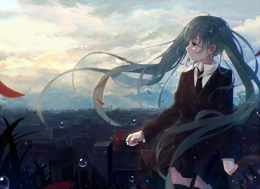 1girl bou_shaku cloud female_focus flower graveyard hatsune_miku hatsune_miku_(saihate) long_hair necktie saihate_(vocaloid) skirt solo twintails vocaloid