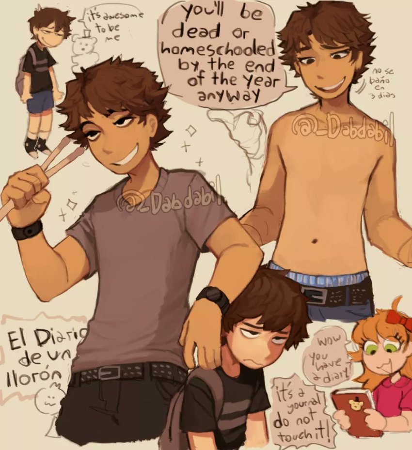 1girl 2boys aged_down blonde_hair blouse bow brother_and_sister brothers brown_hair crying_child&#039;s_brother_(fnaf) crying_child_(fnaf) dabi_bill diary diary_of_a_wimpy_kid drumsticks elizabeth_afton english_text five_nights_at_freddy&#039;s green_eyes hair_bow michael_afton mixed-language_text multiple_boys parody shirt short_hair shorts siblings striped_clothes striped_shirt topless_male trait_connection