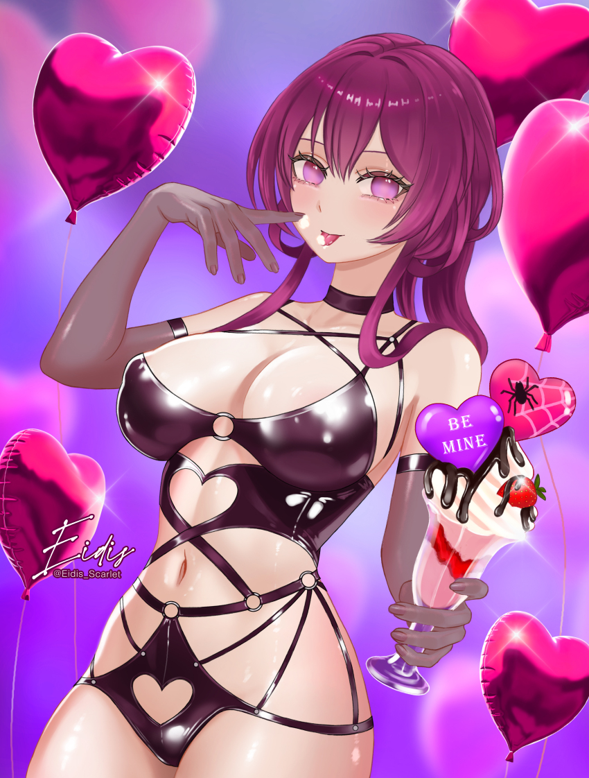 1girl :p absurdres balloon black_choker black_gloves breasts chocolate_syrup choker cleavage clothing_cutout clothing_request commentary cup eidis_scarlet elbow_gloves english_text food food_on_hand fruit gloves hair_between_eyes heart_balloon heart_cutout highres holding holding_cup honkai:_star_rail honkai_(series) kafka_(honkai:_star_rail) large_breasts latex long_hair looking_at_viewer milkshake milkshake_glass navel purple_background purple_eyes purple_hair see-through_clothes see-through_gloves signature solo stomach strawberry tongue tongue_out twitter_username