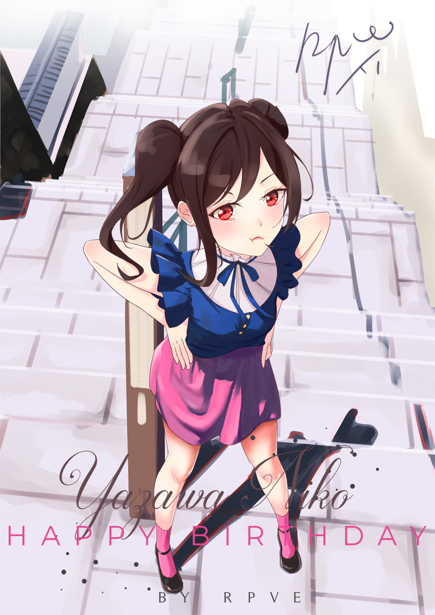 1girl artist_name artist_request bare_legs black_footwear black_hair blue_ribbon blue_shirt blush bow breasts collared_shirt female_focus full_body hair_bow hands_on_own_hips high_heels highres looking_at_viewer love_live! love_live!_school_idol_festival love_live!_school_idol_project neck_ribbon outdoors parted_lips pink_skirt red_eyes ribbon rp0ku rpku rpku_(pixiv21269133) shirt short_hair skirt small_breasts smile socks solo twintails yazawa_nico