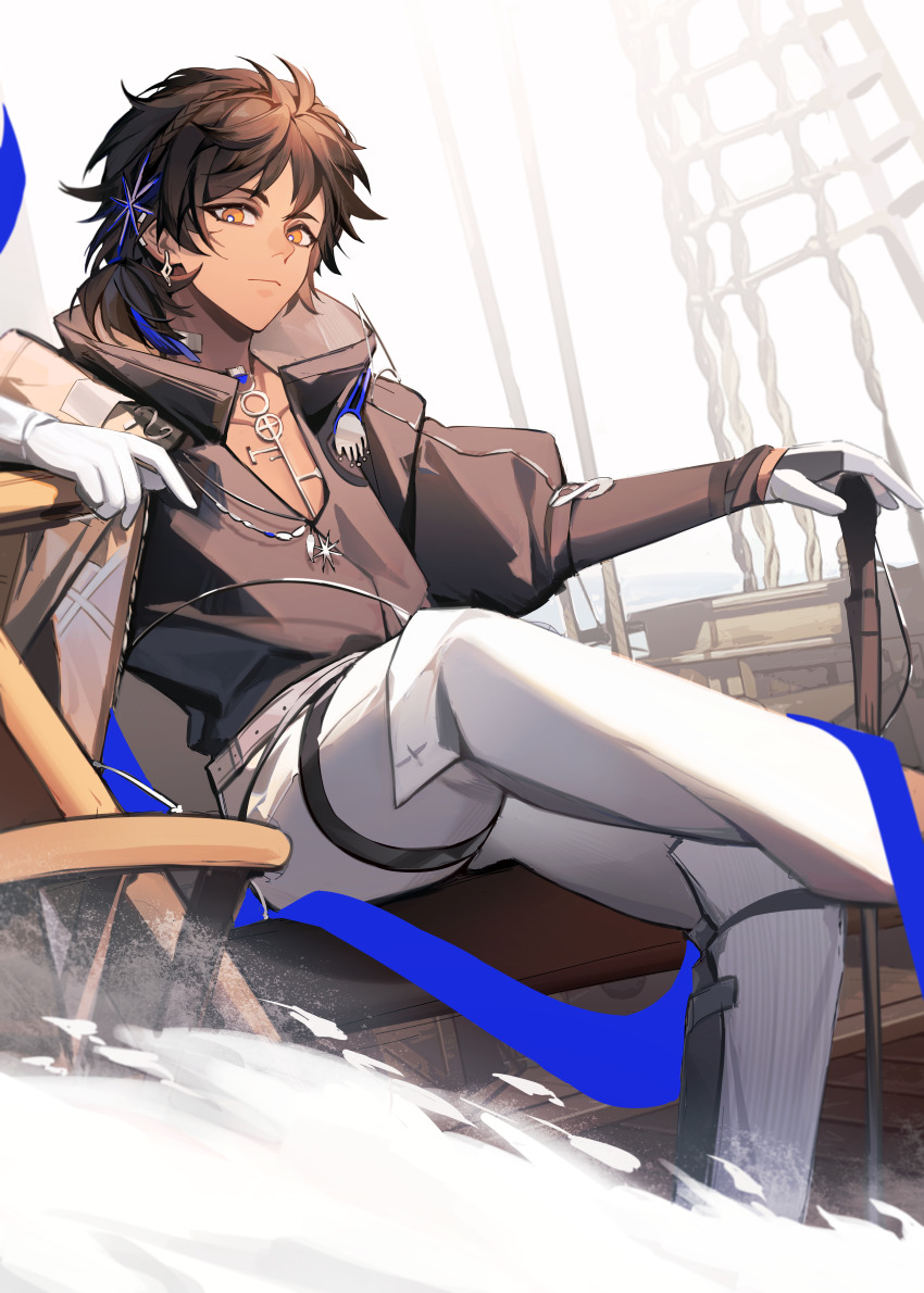 1boy absurdres arknights bright_pupils brown_hair brown_shirt chinese_commentary closed_mouth commentary_request earrings gloves hair_ornament high_collar highres jewelry long_sleeves looking_at_viewer male_focus orange_eyes pants re_gaihuaqiti shirt short_hair sitting solo thigh_strap thorns_(arknights) thorns_the_lodestar_(arknights) white_gloves white_pants white_pupils