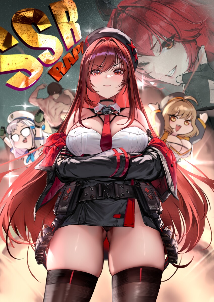1boy 4girls :d absurdres anis_(nikke) arms_up bare_shoulders beret black_gloves black_hat black_jacket breasts brown_hair cian_yo closed_mouth commander_(nikke) commentary crossed_arms detached_collar english_commentary fingerless_gloves gloves gluteal_fold goddess_of_victory:_nikke hat highres jacket large_breasts long_hair looking_at_viewer multiple_girls neon_(nikke) off_shoulder open_mouth rapi_(nikke) rapi_(red_hood)_(nikke) red_eyes red_hair red_hood_(nikke) short_hair smile standing thighs thumbs_up topless_male very_long_hair white_hair