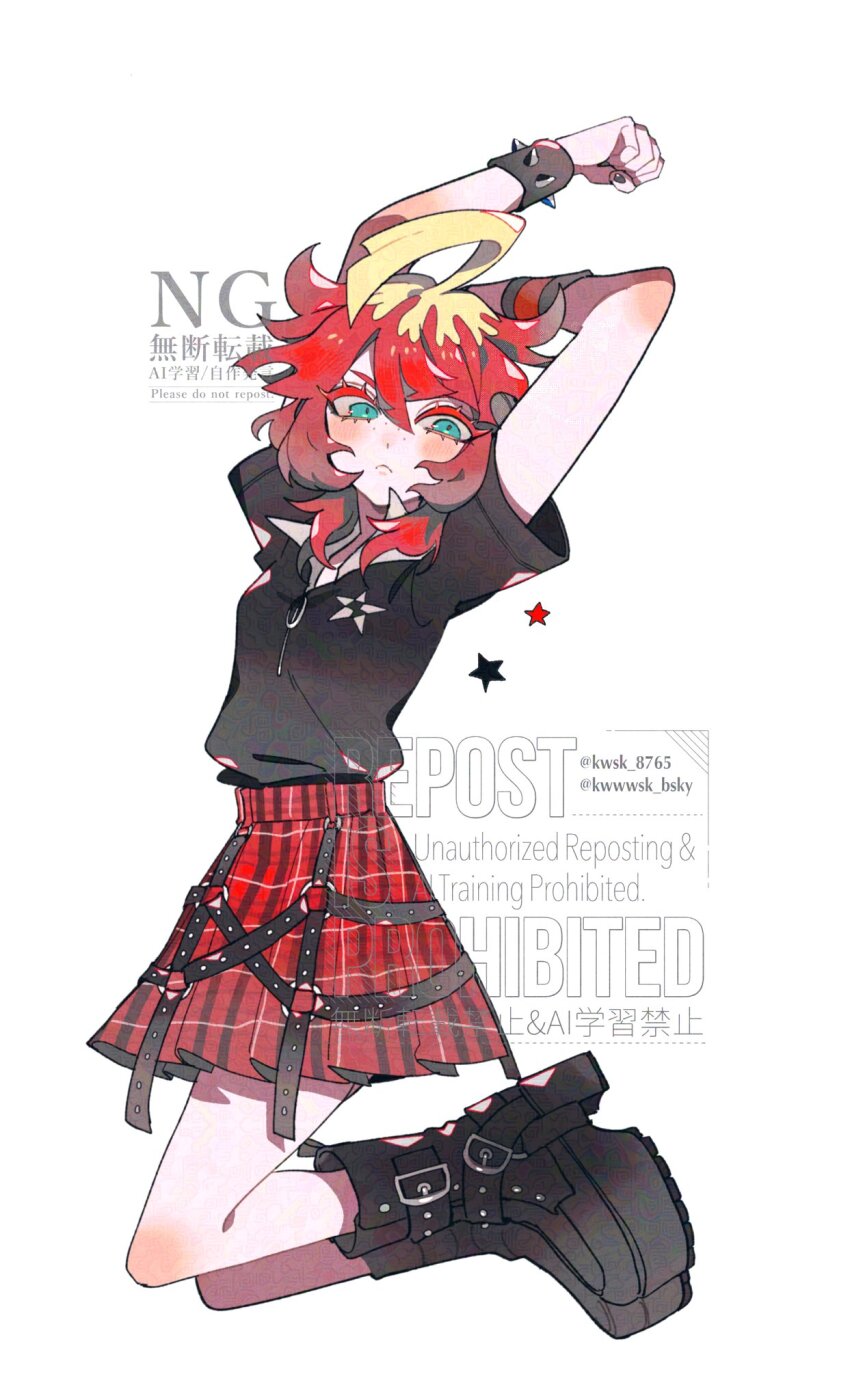 1girl arm_up black_boots black_shirt blonde_hair boots bracelet closed_mouth eyelashes freckles green_eyes highres jewelry kawasaki_(kwsk_8765) looking_at_viewer mela_(pokemon) multicolored_hair nintendo plaid_clothes plaid_skirt pleated_skirt pokemon pokemon_sv red_hair red_skirt shirt short_hair skirt solo spiked_bracelet spikes two-tone_hair wristband