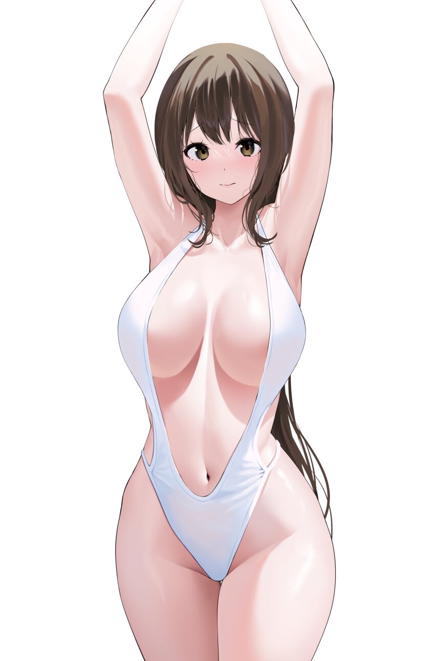 1girl absurdres armpits arms_up ayoni_623 breasts brown_eyes brown_hair casual_one-piece_swimsuit center_opening closed_mouth commission cowboy_shot embarrassed furrowed_brow highleg highleg_one-piece_swimsuit highres large_breasts legs_together long_hair looking_at_viewer navel one-piece_swimsuit original simple_background solo standing swimsuit very_long_hair white_background white_one-piece_swimsuit