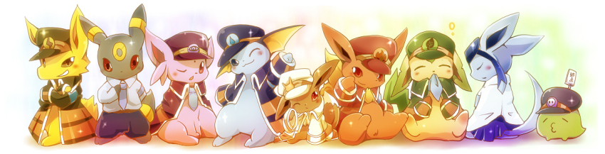 animal_focus azuma_minatsu bow bowtie closed_eyes crossed_arms eevee espeon evolutionary_line fins flareon game_freak gen_1_pokemon gen_2_pokemon gen_3_pokemon gen_4_pokemon glaceon gulpin hat jolteon leafeon nintendo no_humans pokemon pokemon_(creature) sitting smile standing umbreon vaporeon