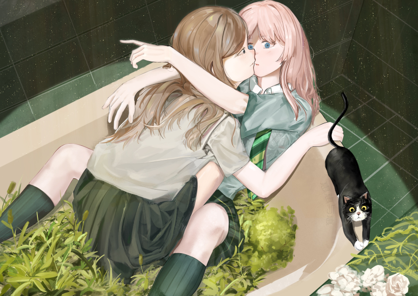2girls absurdres arms_around_neck bang_dream! bang_dream!_it&#039;s_mygo!!!!! bathroom bathtub between_legs black_cat black_skirt blue_eyes brown_hair cat chihaya_anon chinese_commentary closed_mouth collared_shirt commentary_request ewg7k3eutb99502 flower green_necktie green_skirt grey_shirt haneoka_school_uniform highres indoors kiss long_hair multiple_girls nagasaki_soyo necktie parted_lips pink_hair plaid_clothes plaid_skirt pleated_skirt rose school_uniform shirt short_sleeves skirt tile_floor tile_wall tiles white_flower white_rose yuri