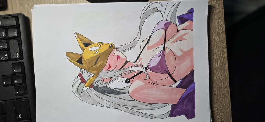 absurdres animelover24199 bikini breasts digimon digimon_(creature) fox_mask hair_ornament hairpin highres lipstick long_hair makeup marking_on_cheek mask pink_bikini sakuyamon smile swimsuit traditional_media white_hair